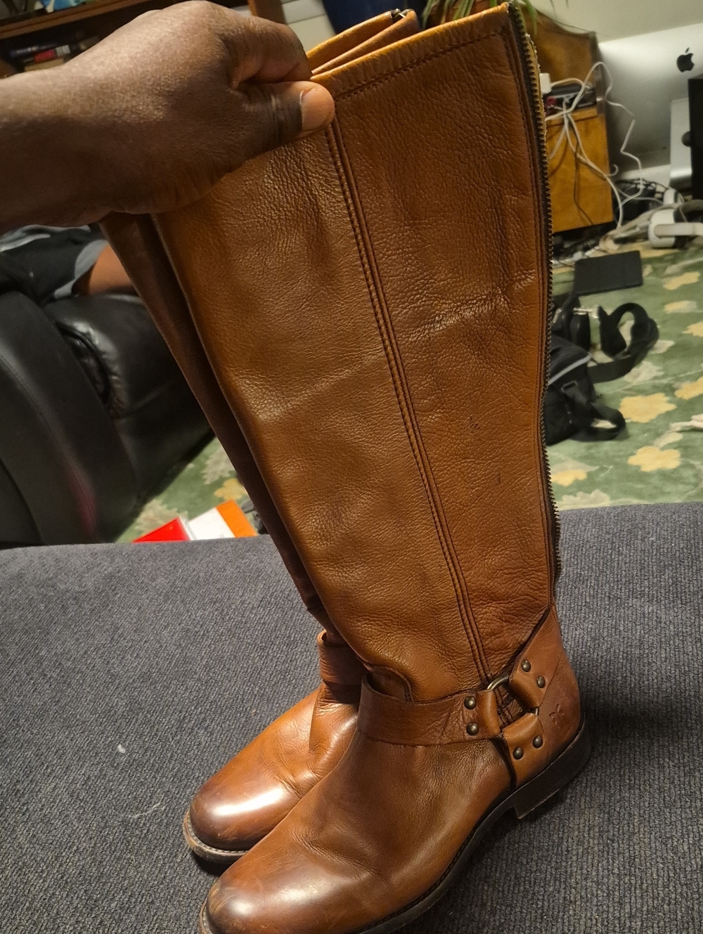 Frye Cognac Leather Knee-High Harness Boots